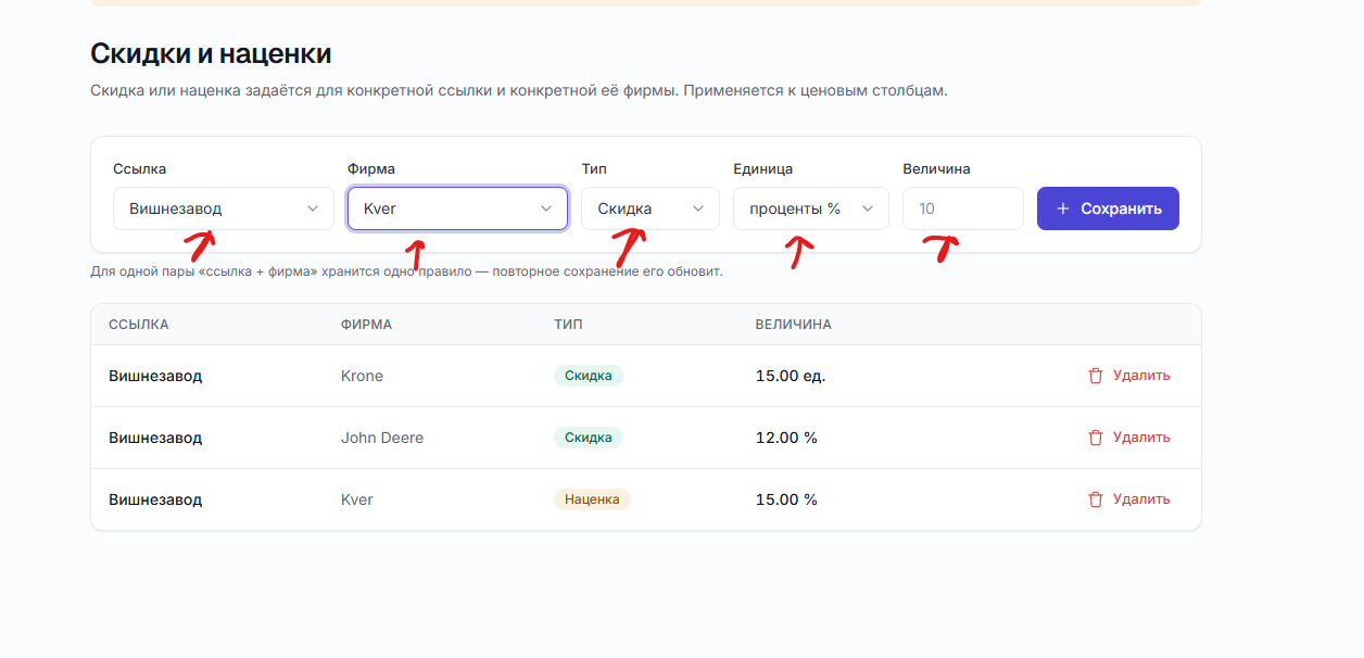 Страница «Скидки» с настройкой процента скидки или наценки.